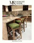 Tabouret de Bar Haut en Noyer & Tissu Vert Olive