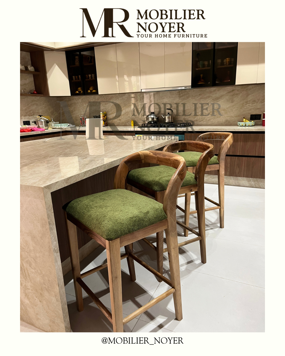 Tabouret de Bar Haut en Noyer & Tissu Vert Olive