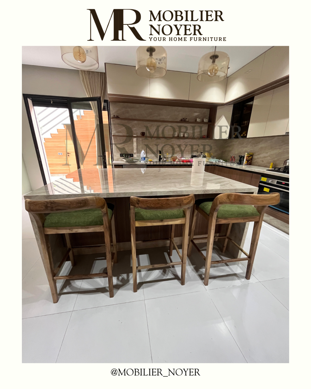 Tabouret de Bar Haut en Noyer & Tissu Vert Olive