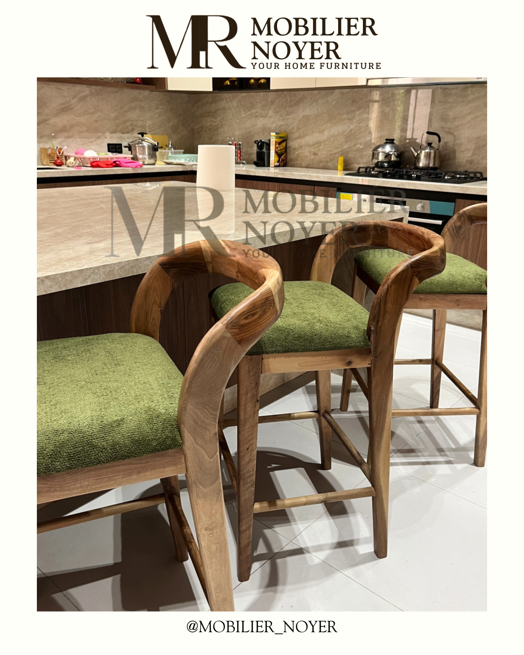 Tabouret de Bar Haut en Noyer & Tissu Vert Olive