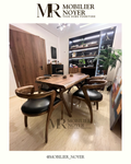 Ensemble Table à Manger Noyer Bords Naturels & Chaises Cuir Noir