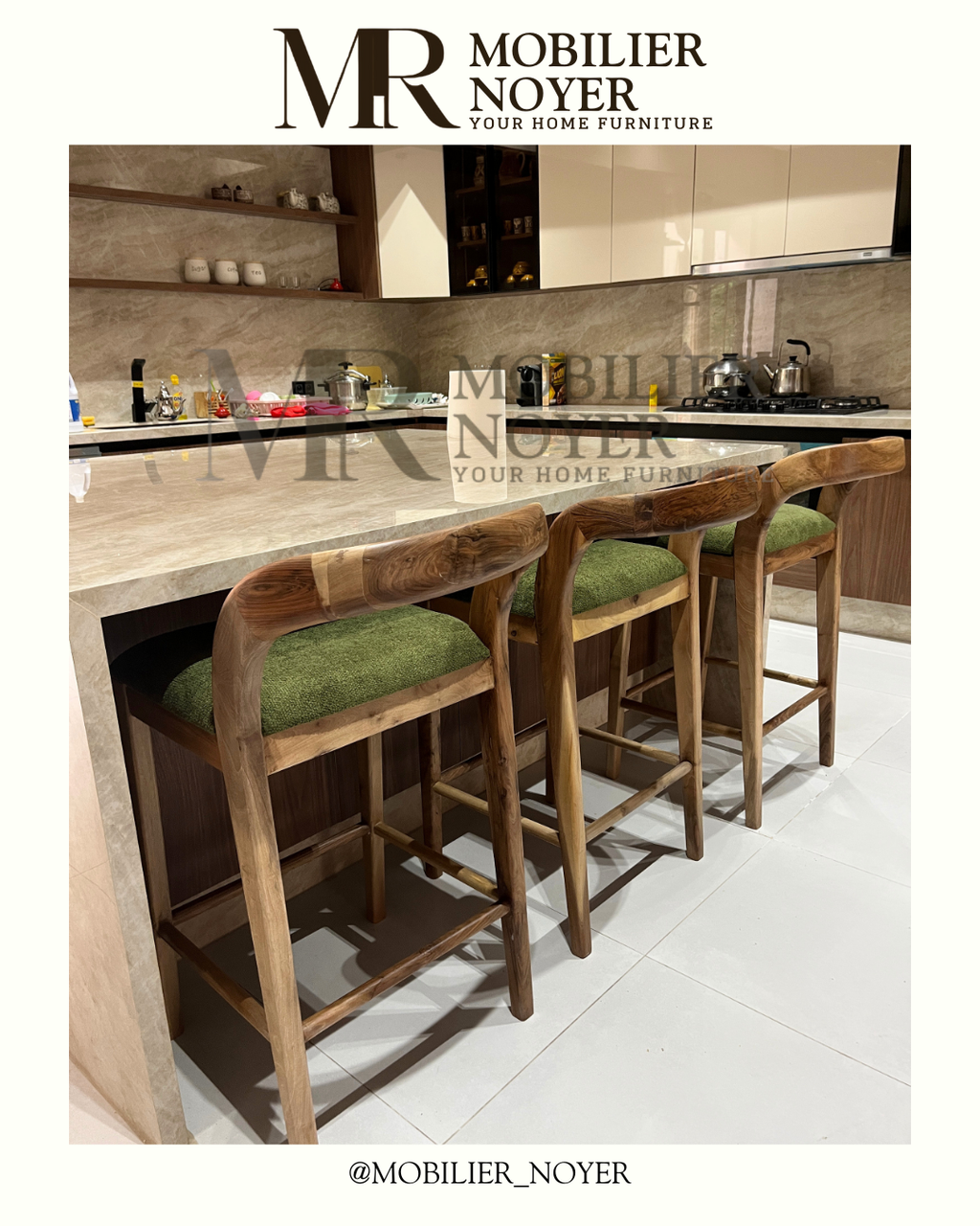 Tabouret de Bar Haut en Noyer & Tissu Vert Olive