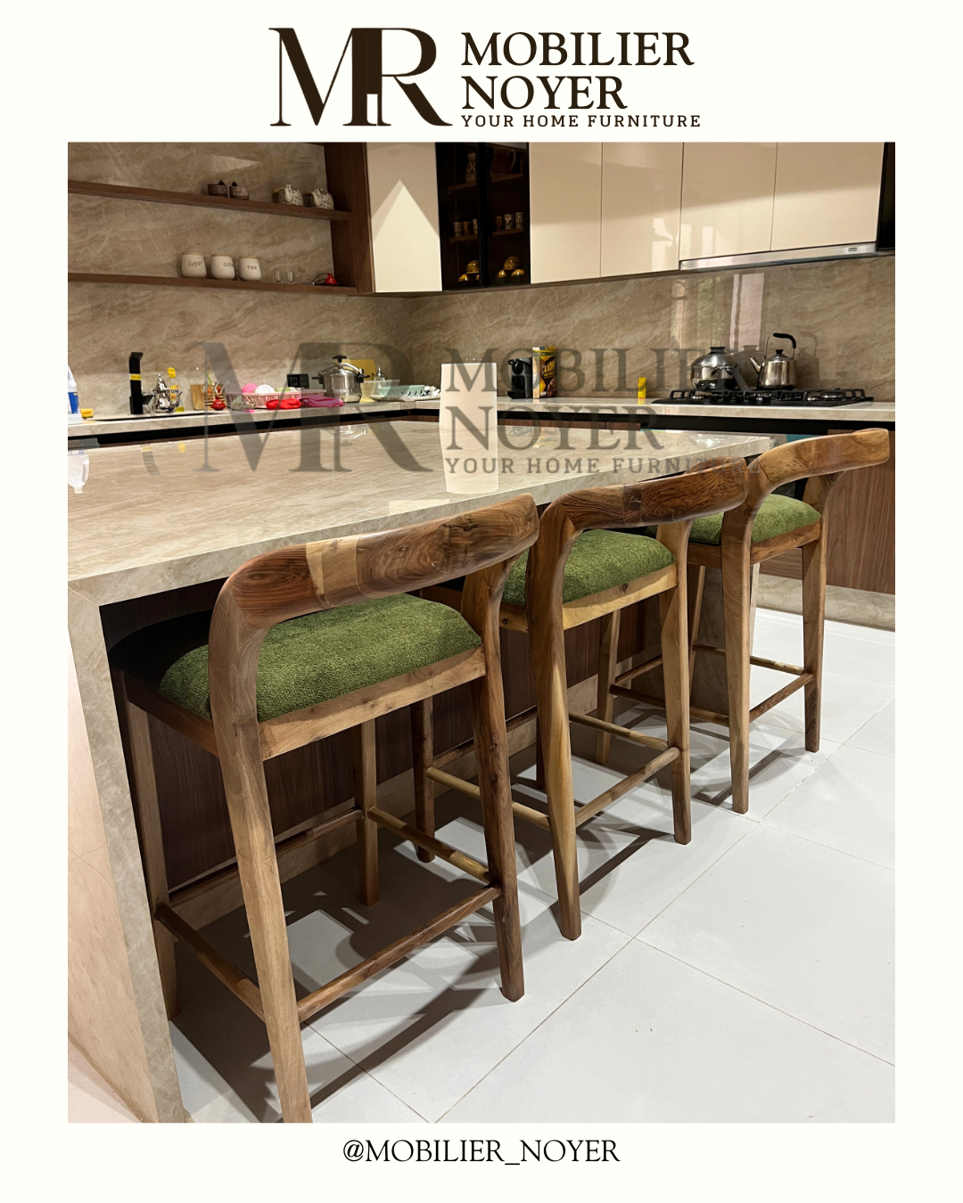 Tabouret de Bar Haut en Noyer & Tissu Vert Olive